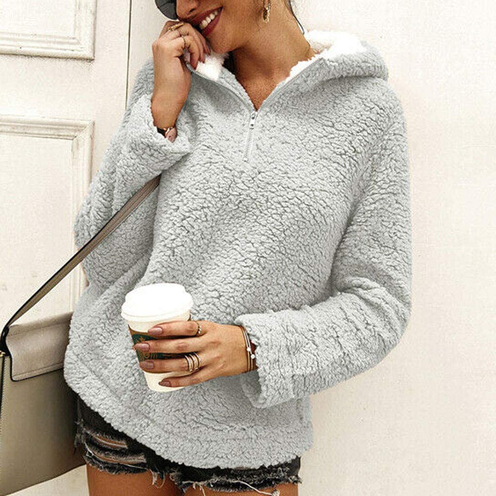 WUAI-Women Sherpa Sweatshirt Pullover Fuzzy Fleece Winter Coat Hooded Jackets