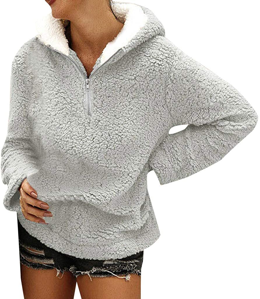 WUAI-Women Sherpa Sweatshirt Pullover Fuzzy Fleece Winter Coat Hooded Jackets