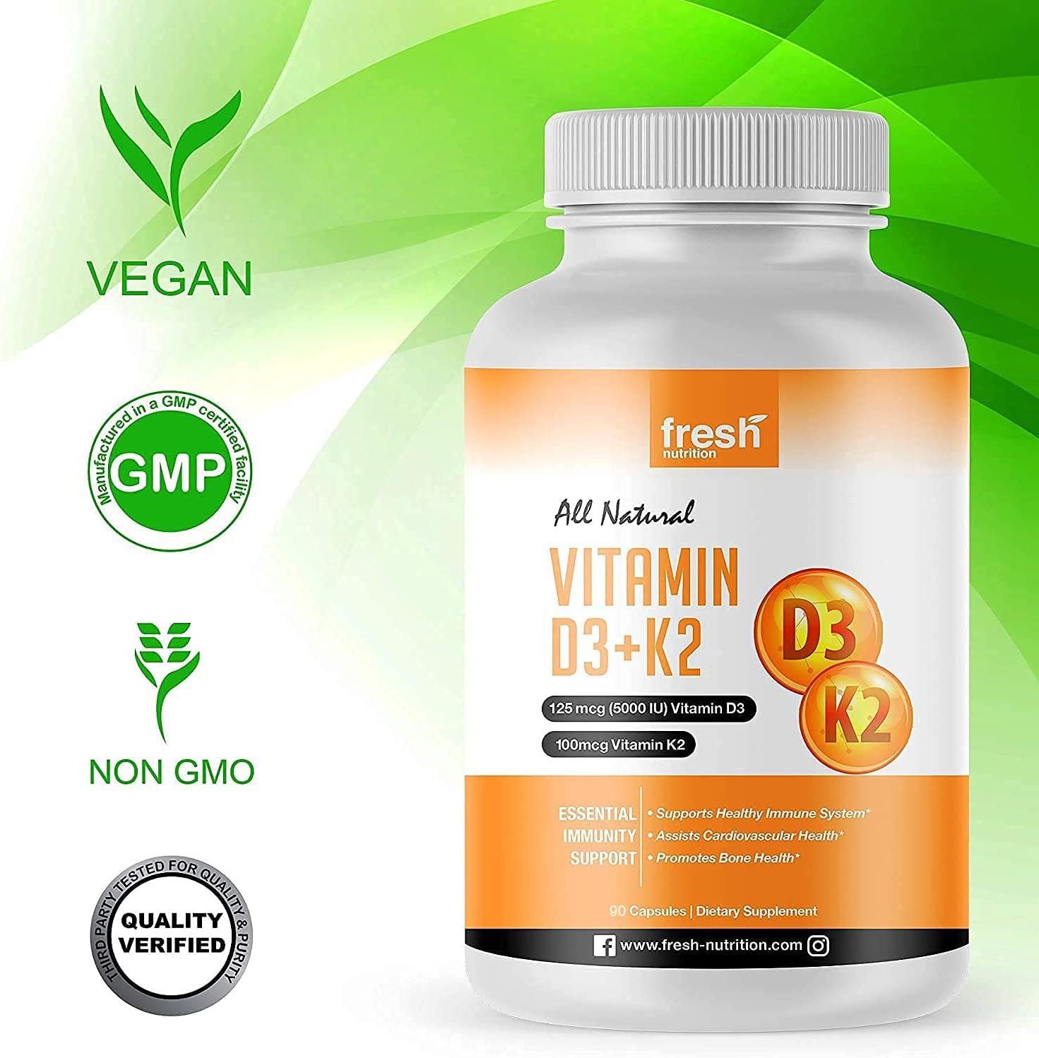 Vegan Vitamin D3 (5000iu/125mcg) + Vitamin K2 (100mcg as MK-7) for Optimal Absorption (90 Capsules 5