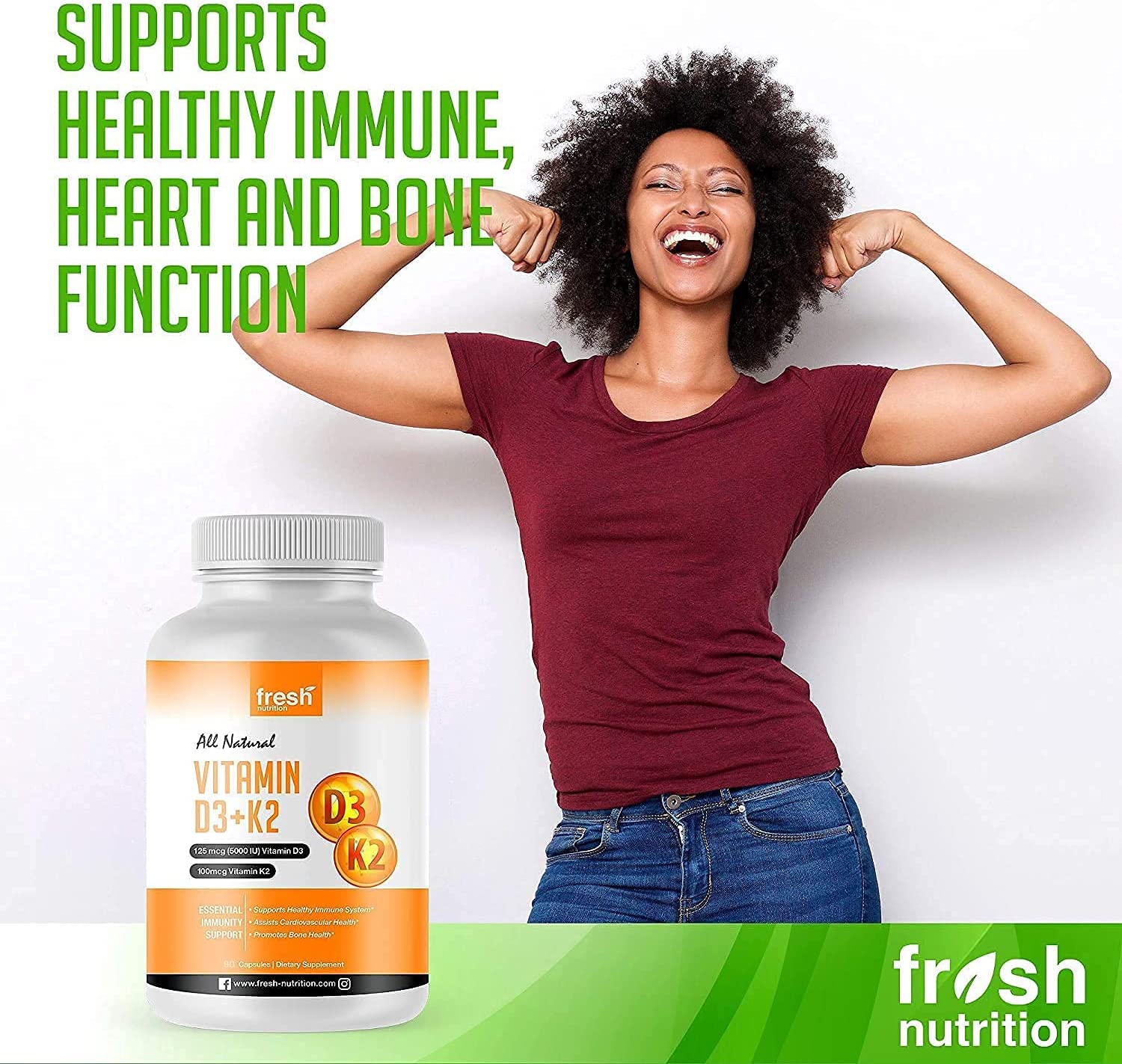 Vegan Vitamin D3 (5000iu/125mcg) + Vitamin K2 (100mcg as MK-7) for Optimal Absorption (90 Capsules 5