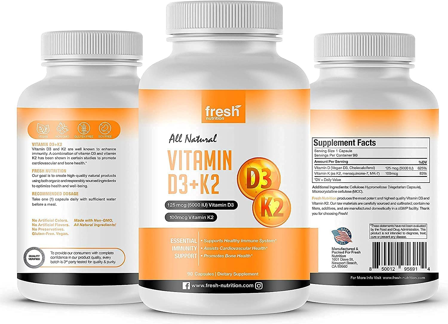 Vegan Vitamin D3 (5000iu/125mcg) + Vitamin K2 (100mcg as MK-7) for Optimal Absorption (90 Capsules 5