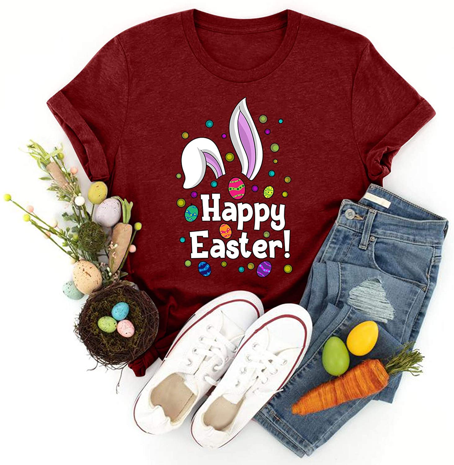 Dosoop Womens Happy Easter Letter Printed T-Shirt Short Sleeve Graphic Shirts Tees Crewneck Casual L
