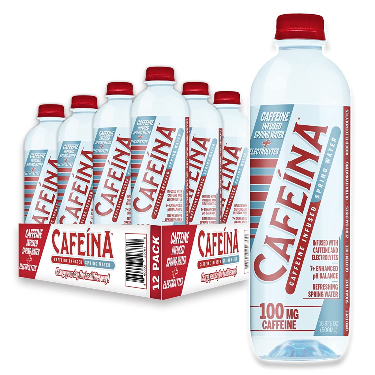 Cafeina - Caffeinated Spring Water (12 Pack) - 100mg Caffeine, Electrolytes, 7+ pH Balanced, Natural