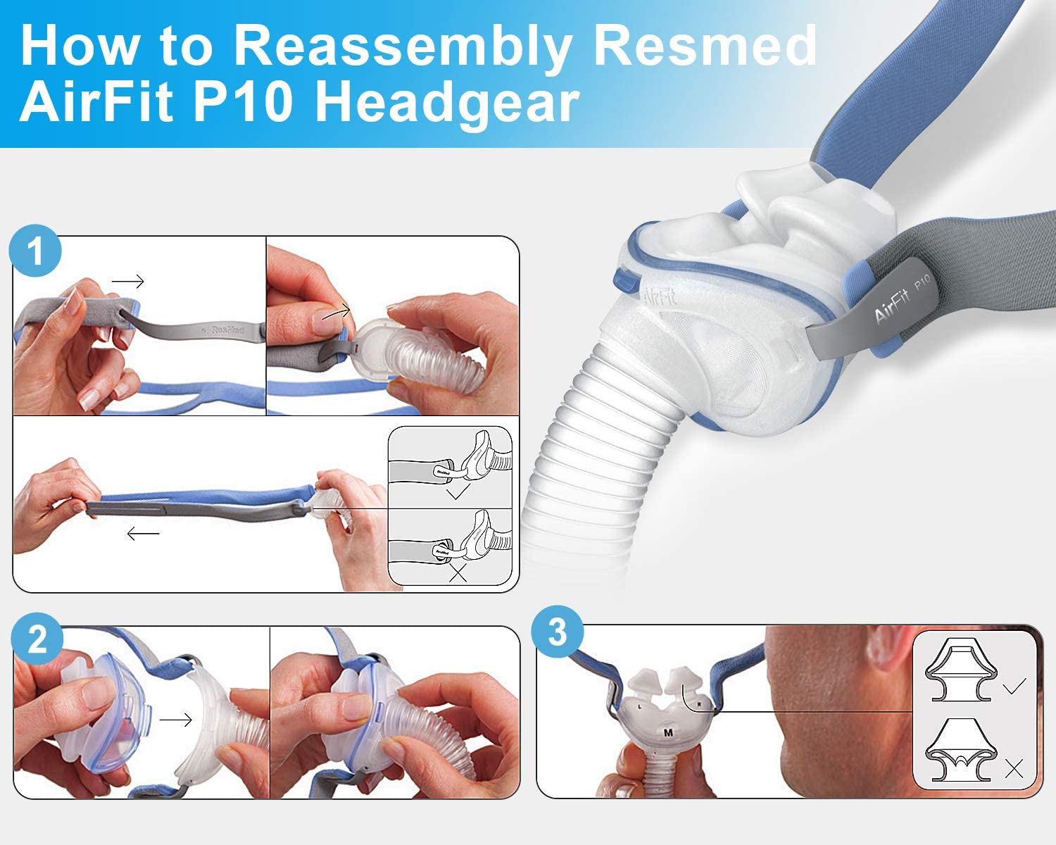 Replacement Headgear Compatible with ResMed Airfit P10 Nasal Pillow CPAP Mask Straps Included 3 Supe