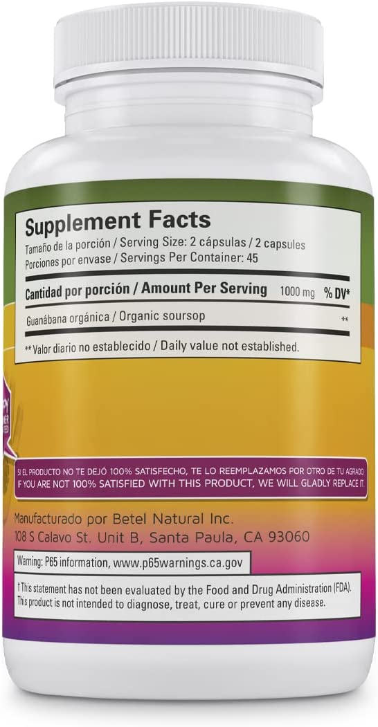 Premium Guanabana Graviola Capsules by Betel Natural - Powerful Flavonoids - 90 Capsules