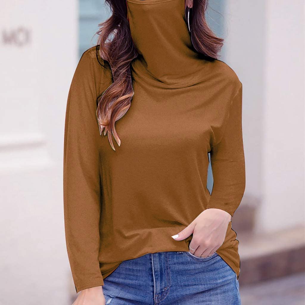 Dosoop Womens Casual Long Sleeve High Neck Sweatshirt with Face_Mask Scarf Cycle Balaclava Solid Col