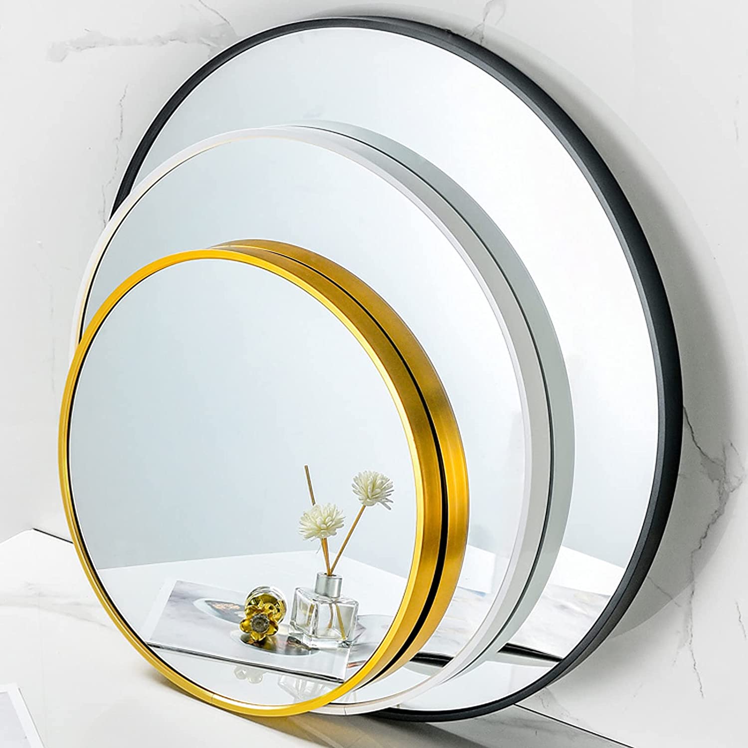 DSJGVN Round Makeup Mirror,Bathroom Mirror, Aluminum Alloy Frame Modern Wall Mounted Mirror Round Mi