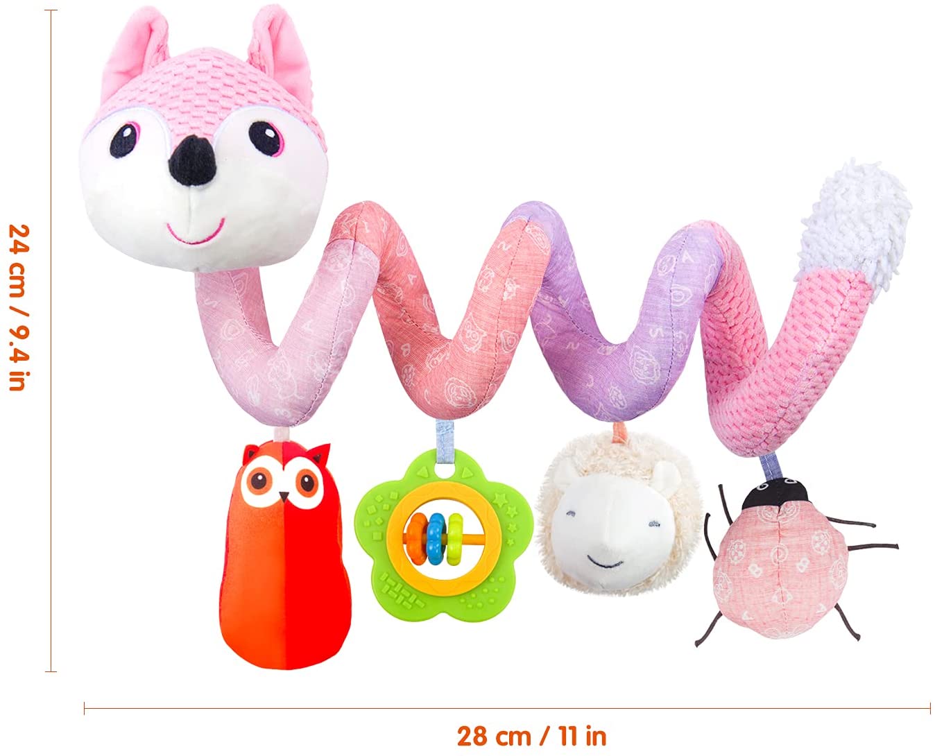 HILENBO Car Seat Toys, Infant Baby Pink Fox Spiral Activity Plush Hanging Toys for Car Seat Stroller