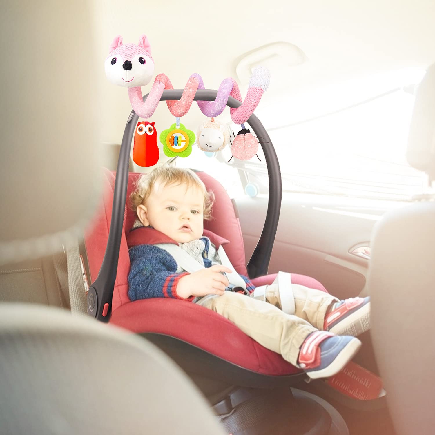 HILENBO Car Seat Toys, Infant Baby Pink Fox Spiral Activity Plush Hanging Toys for Car Seat Stroller