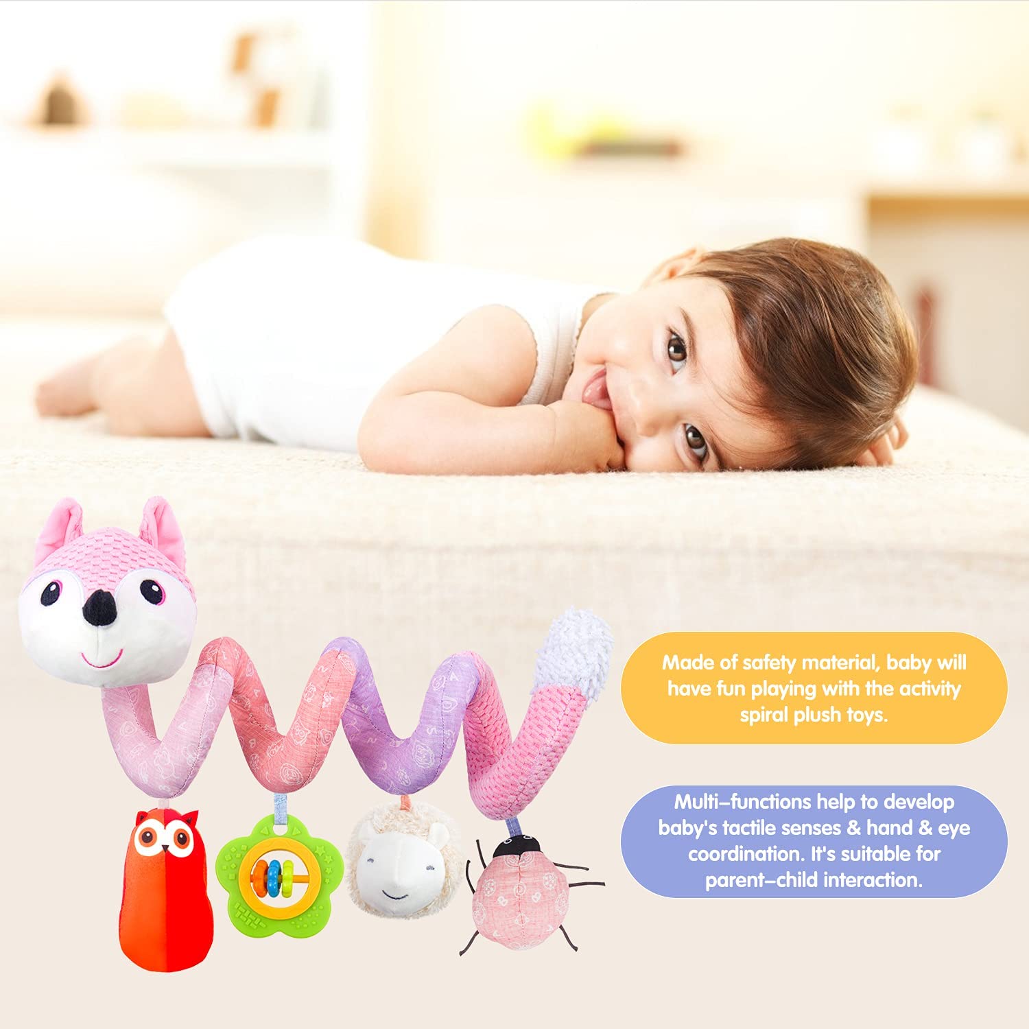 HILENBO Car Seat Toys, Infant Baby Pink Fox Spiral Activity Plush Hanging Toys for Car Seat Stroller