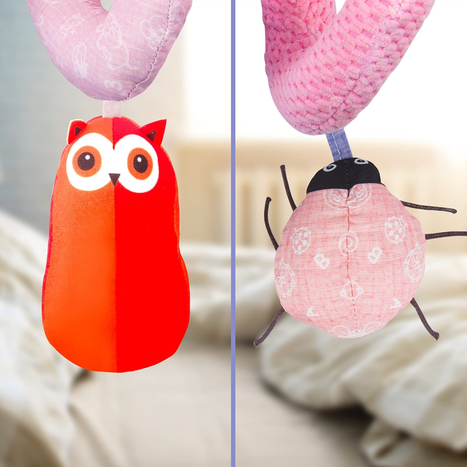 HILENBO Car Seat Toys, Infant Baby Pink Fox Spiral Activity Plush Hanging Toys for Car Seat Stroller