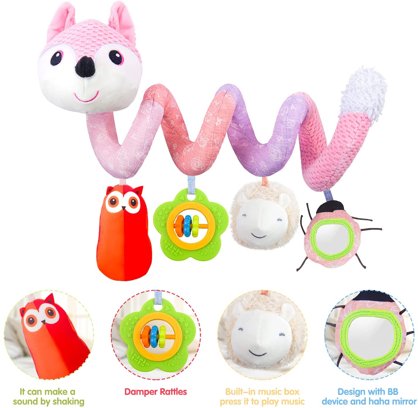 HILENBO Car Seat Toys, Infant Baby Pink Fox Spiral Activity Plush Hanging Toys for Car Seat Stroller