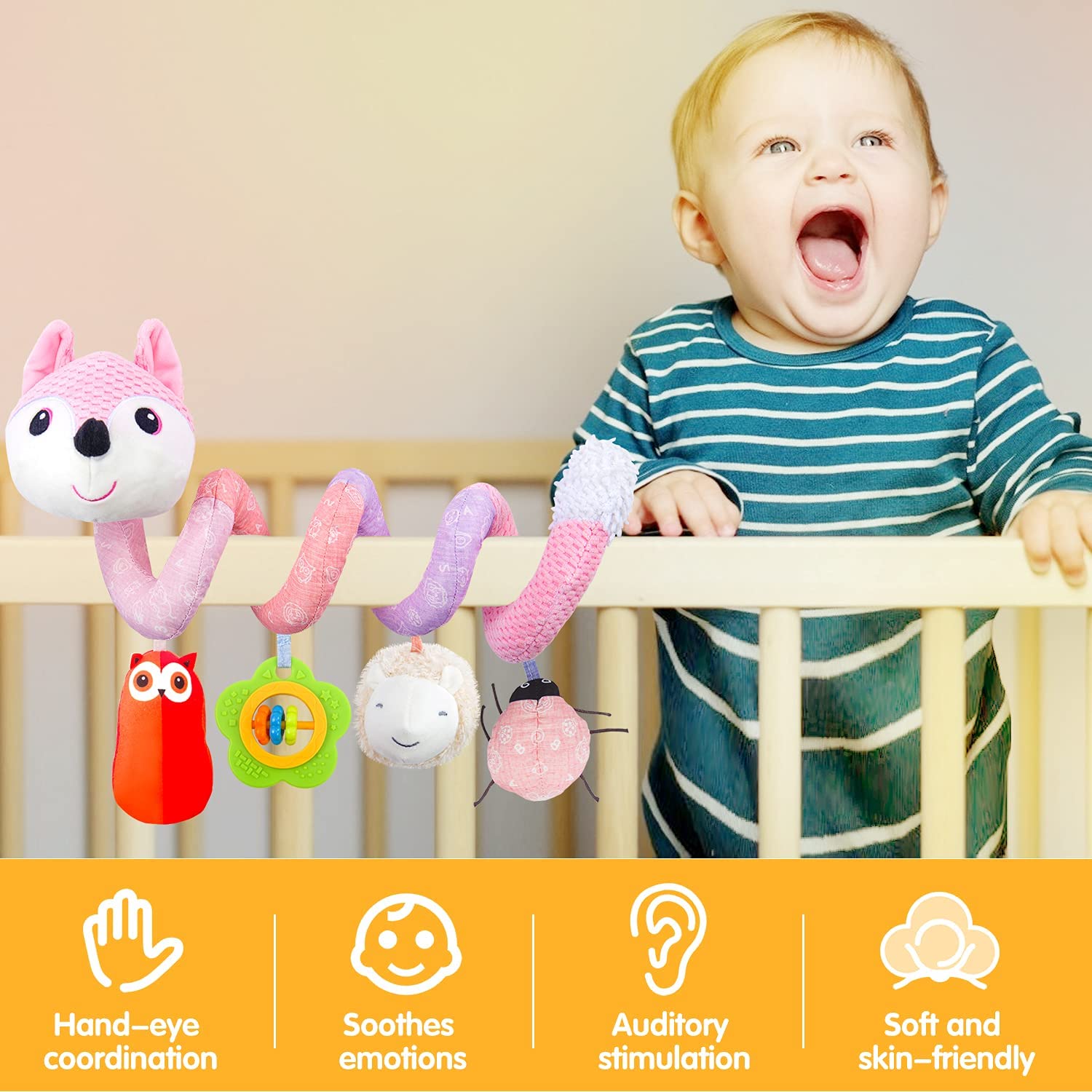 HILENBO Car Seat Toys, Infant Baby Pink Fox Spiral Activity Plush Hanging Toys for Car Seat Stroller