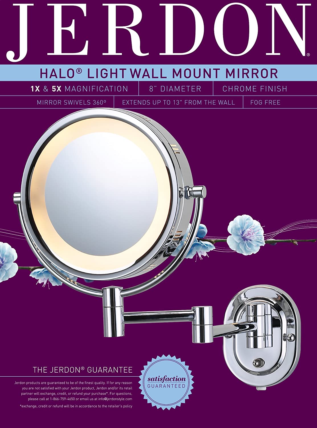 Jerdon HL65C 8Inch Lighted Wall Mount Makeup Mirror with 5x