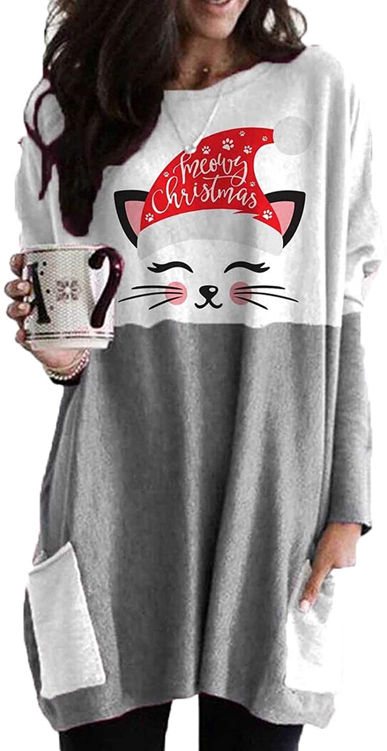 Dosoop Women Christmas Long Sleeve Pocket Tops Cute Cat Foot Print Crewneck Pullover Sweater Tee Gra