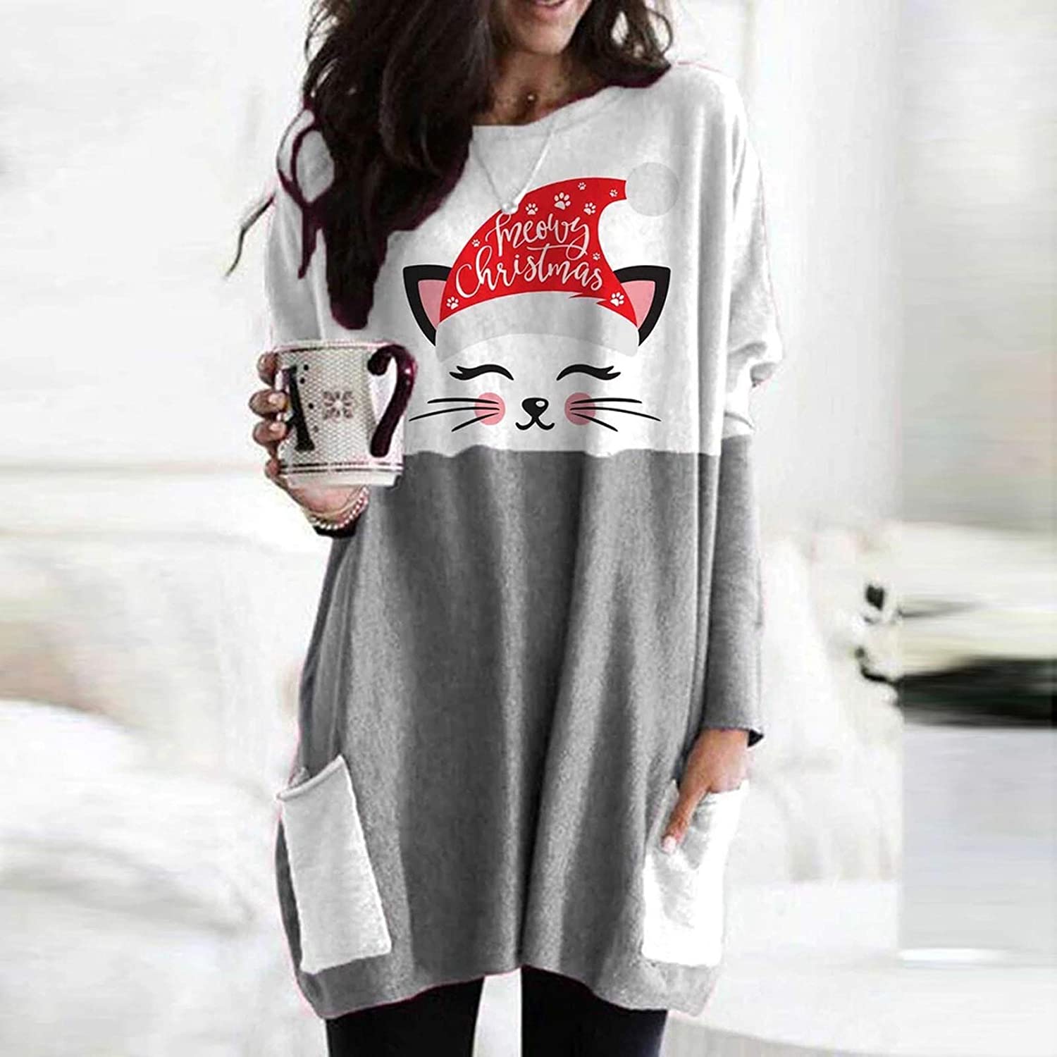 Dosoop Women Christmas Long Sleeve Pocket Tops Cute Cat Foot Print Crewneck Pullover Sweater Tee Gra