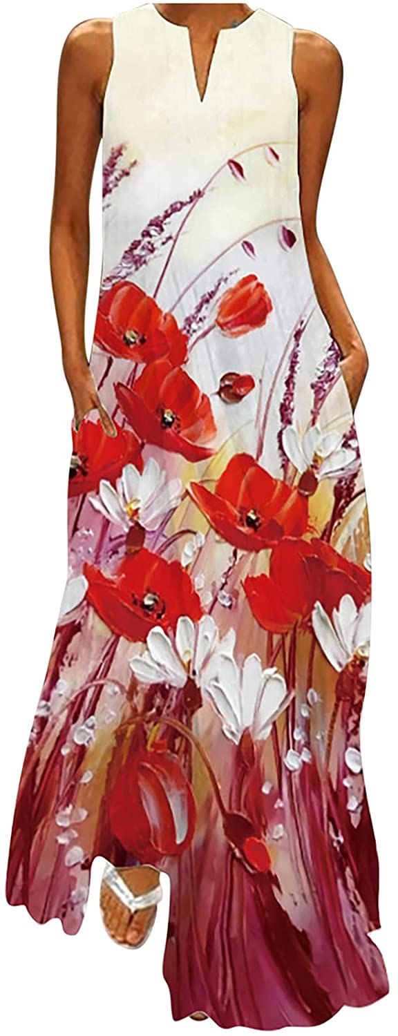 Women’s Casual Maxi Dress Long V-neck, vintage print Backless Loose Sundress