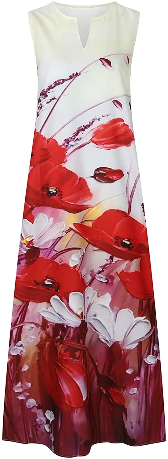 Women’s Casual Maxi Dress Long V-neck, vintage print Backless Loose Sundress