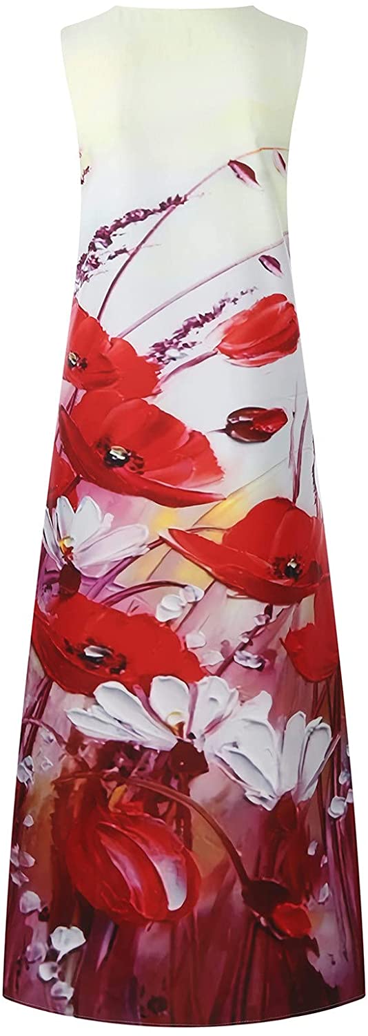 Women’s Casual Maxi Dress Long V-neck, vintage print Backless Loose Sundress