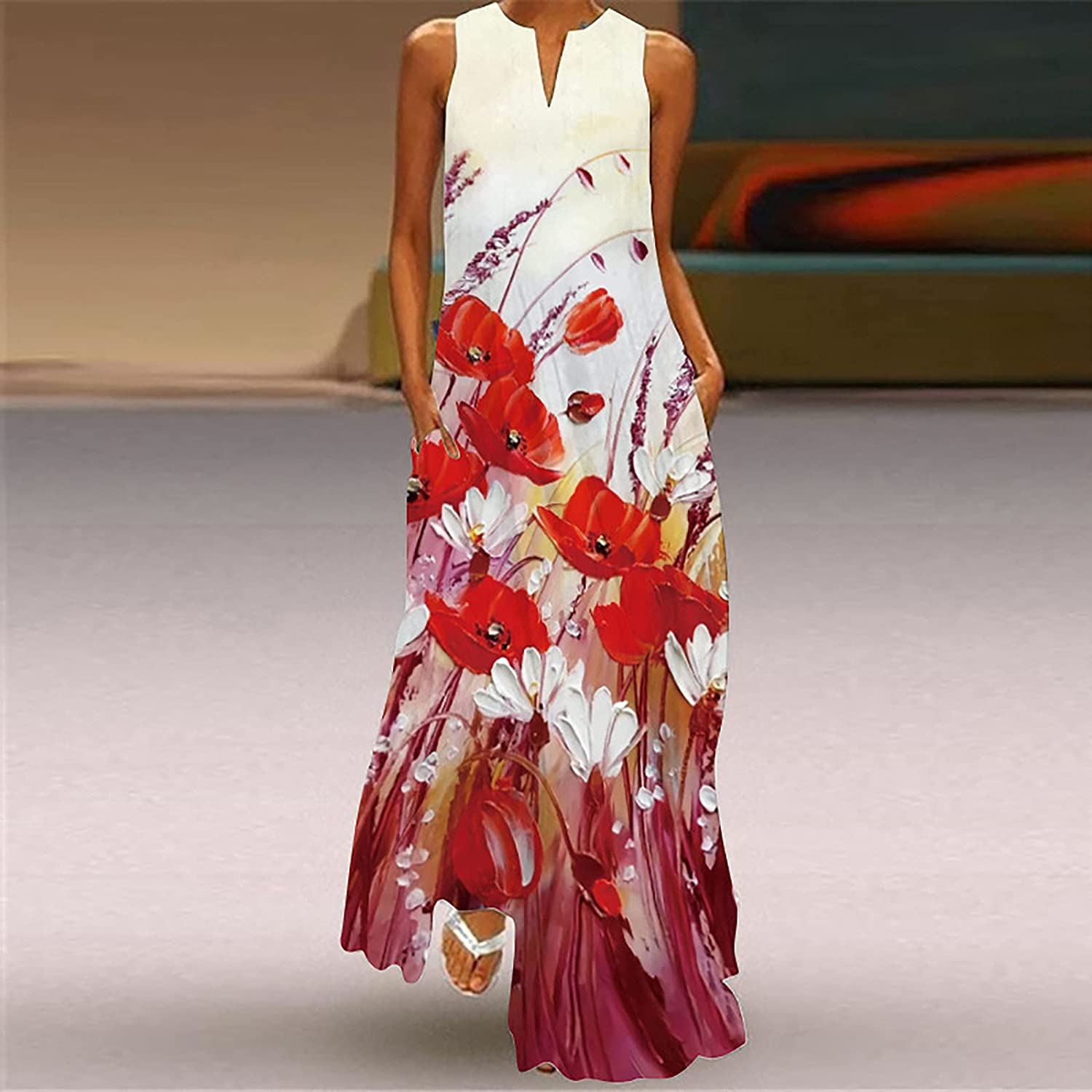 Women’s Casual Maxi Dress Long V-neck, vintage print Backless Loose Sundress