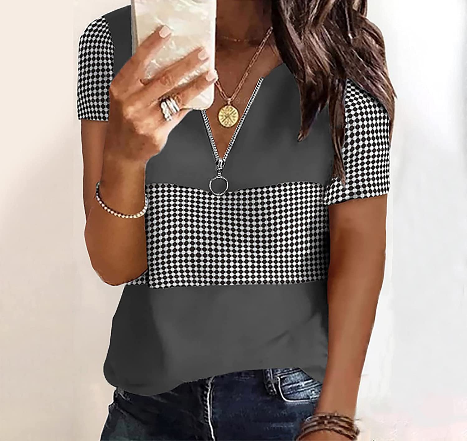 Summer Women V Neck Tshirt Tops Sexy Patchwork Elegant Tunic Tee Fashion Casual Comfy Short Sleeve L
