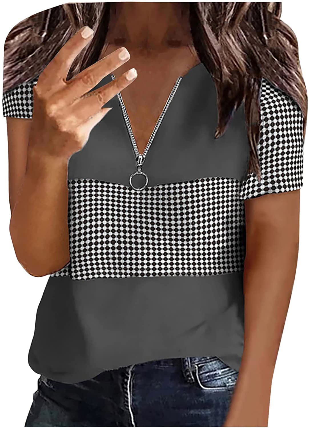 Summer Women V Neck Tshirt Tops Sexy Patchwork Elegant Tunic Tee Fashion Casual Comfy Short Sleeve L