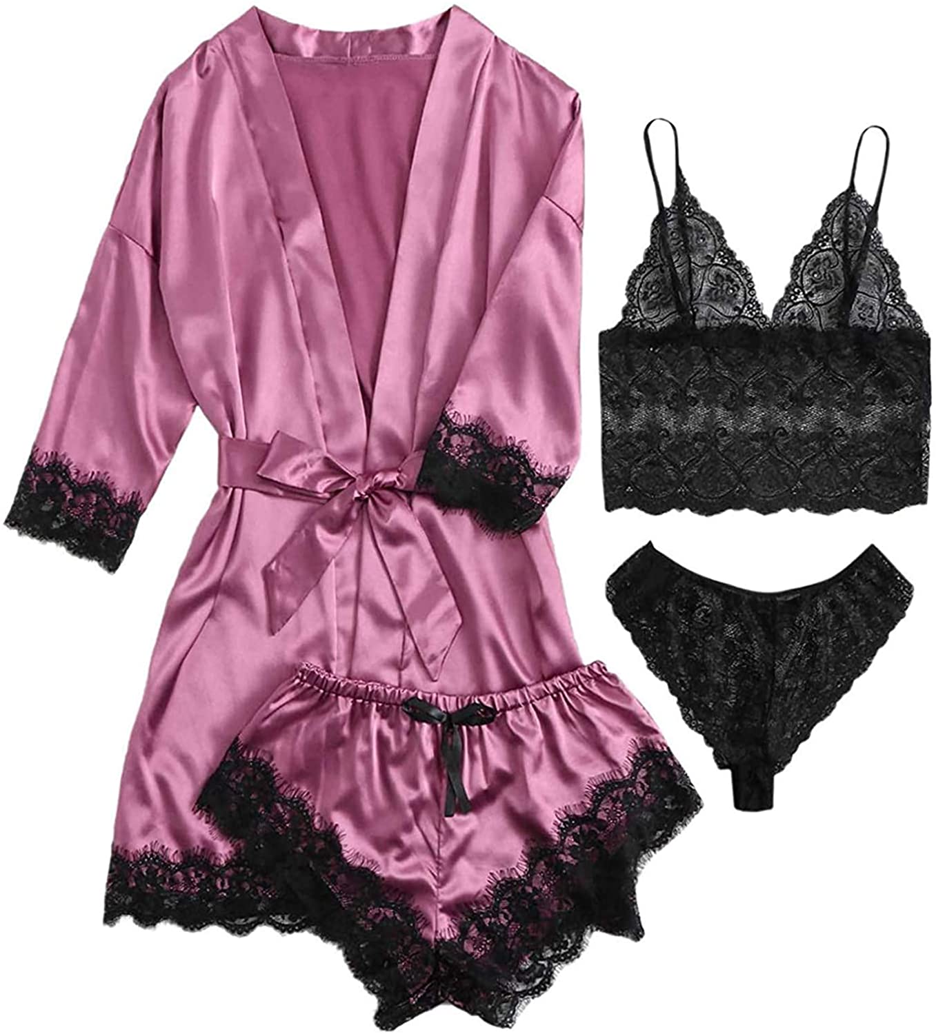 Dosoop Women Pajamas Sets, 4pcs Sexy Garter Lingerie Floral Lace Trim Satin Cami with Robe Underwear