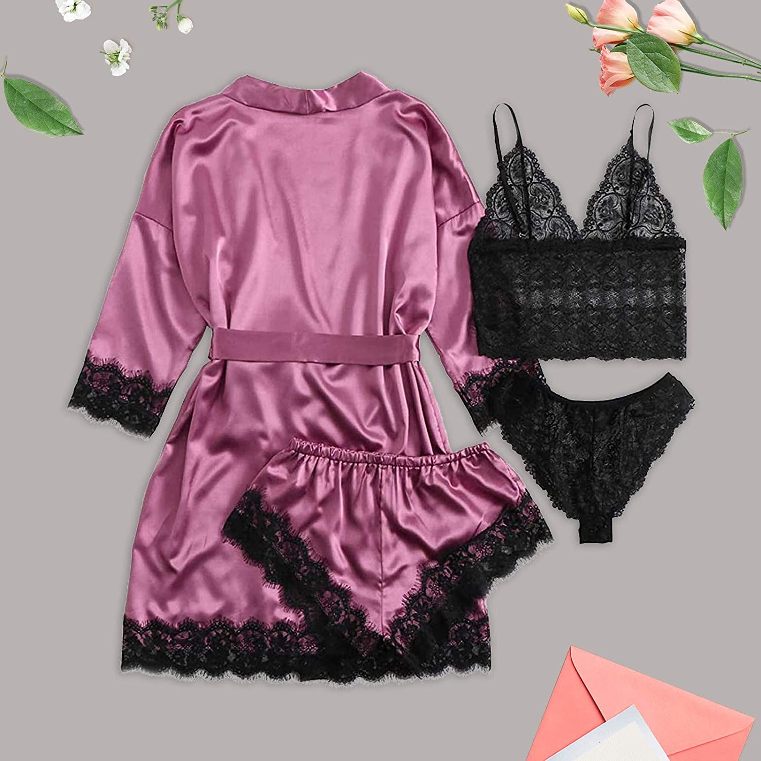 Dosoop Women Pajamas Sets, 4pcs Sexy Garter Lingerie Floral Lace Trim Satin Cami with Robe Underwear