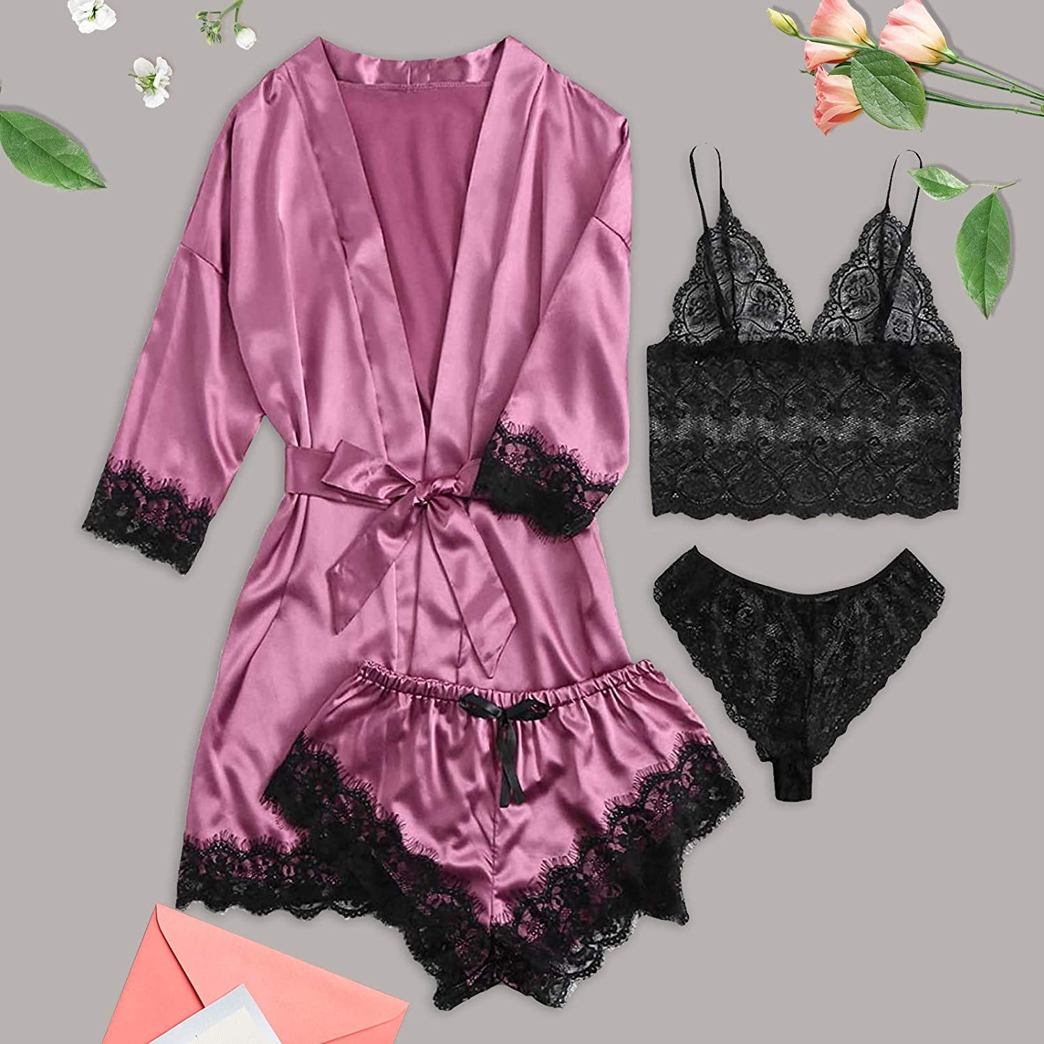 Dosoop Women Pajamas Sets, 4pcs Sexy Garter Lingerie Floral Lace Trim Satin Cami with Robe Underwear