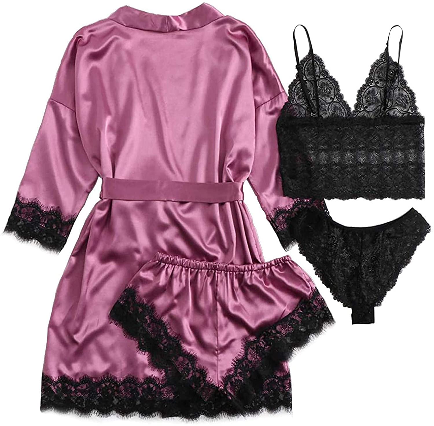 Dosoop Women Pajamas Sets, 4pcs Sexy Garter Lingerie Floral Lace Trim Satin Cami with Robe Underwear
