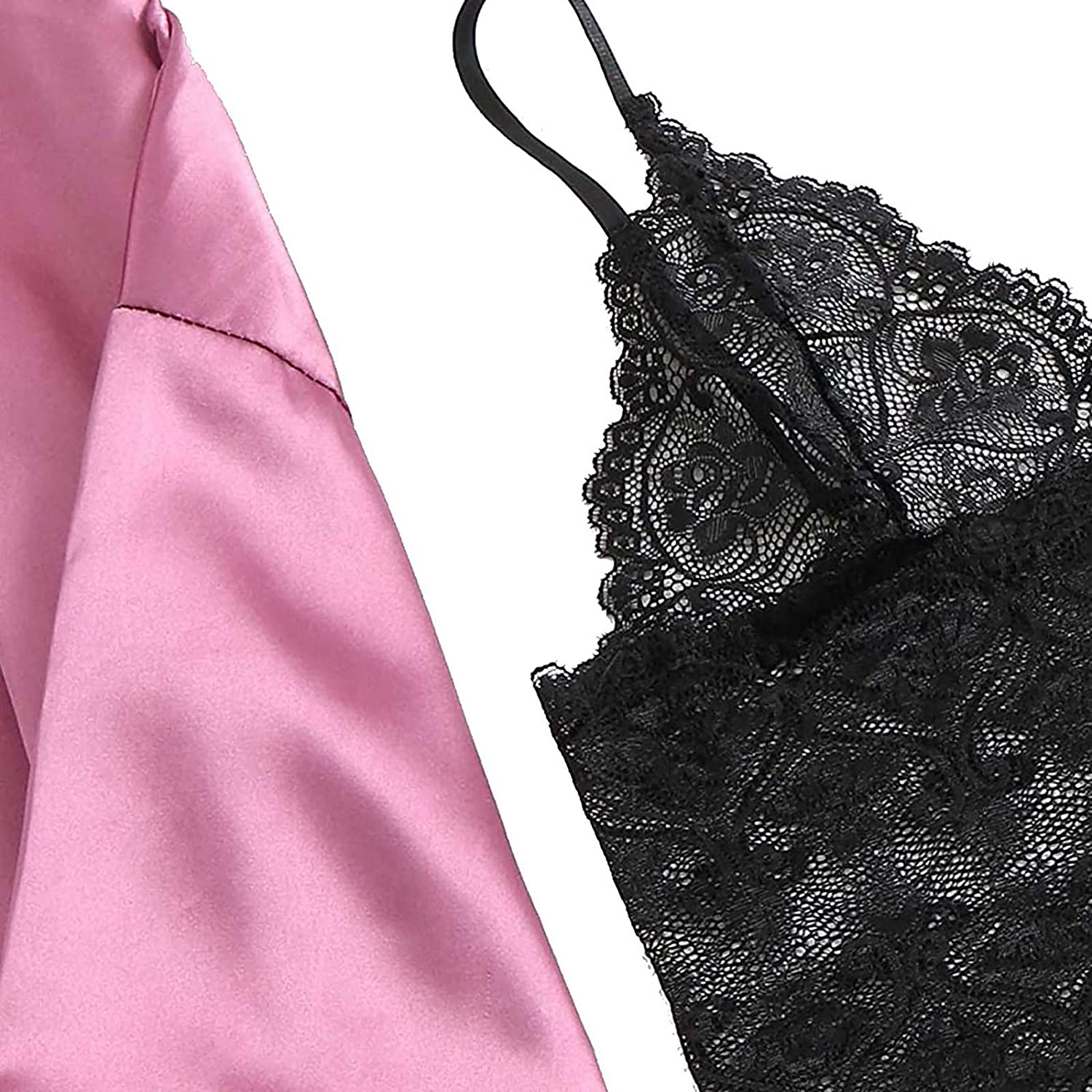 Dosoop Women Pajamas Sets, 4pcs Sexy Garter Lingerie Floral Lace Trim Satin Cami with Robe Underwear