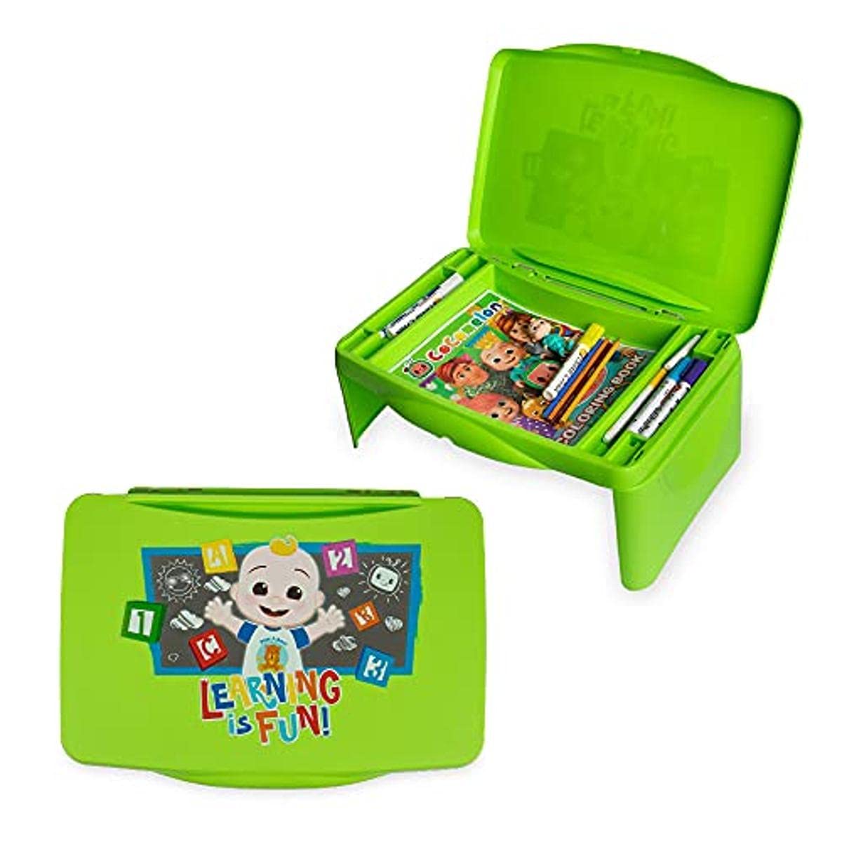 CoCoMelon Kids Lap Desk with Storage - Folding Lid and Collapsible Design - Portable for Travel or u