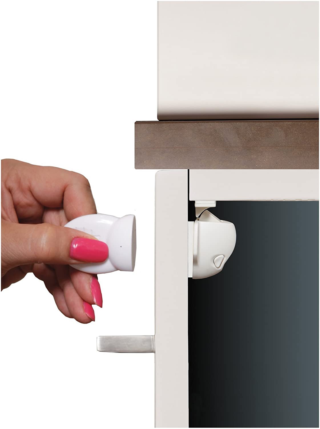 Dreambaby Adhesive Mag locks (8-Pack 1 Key) - Child Proofing Cabinet Magnetic Latches - White- Model