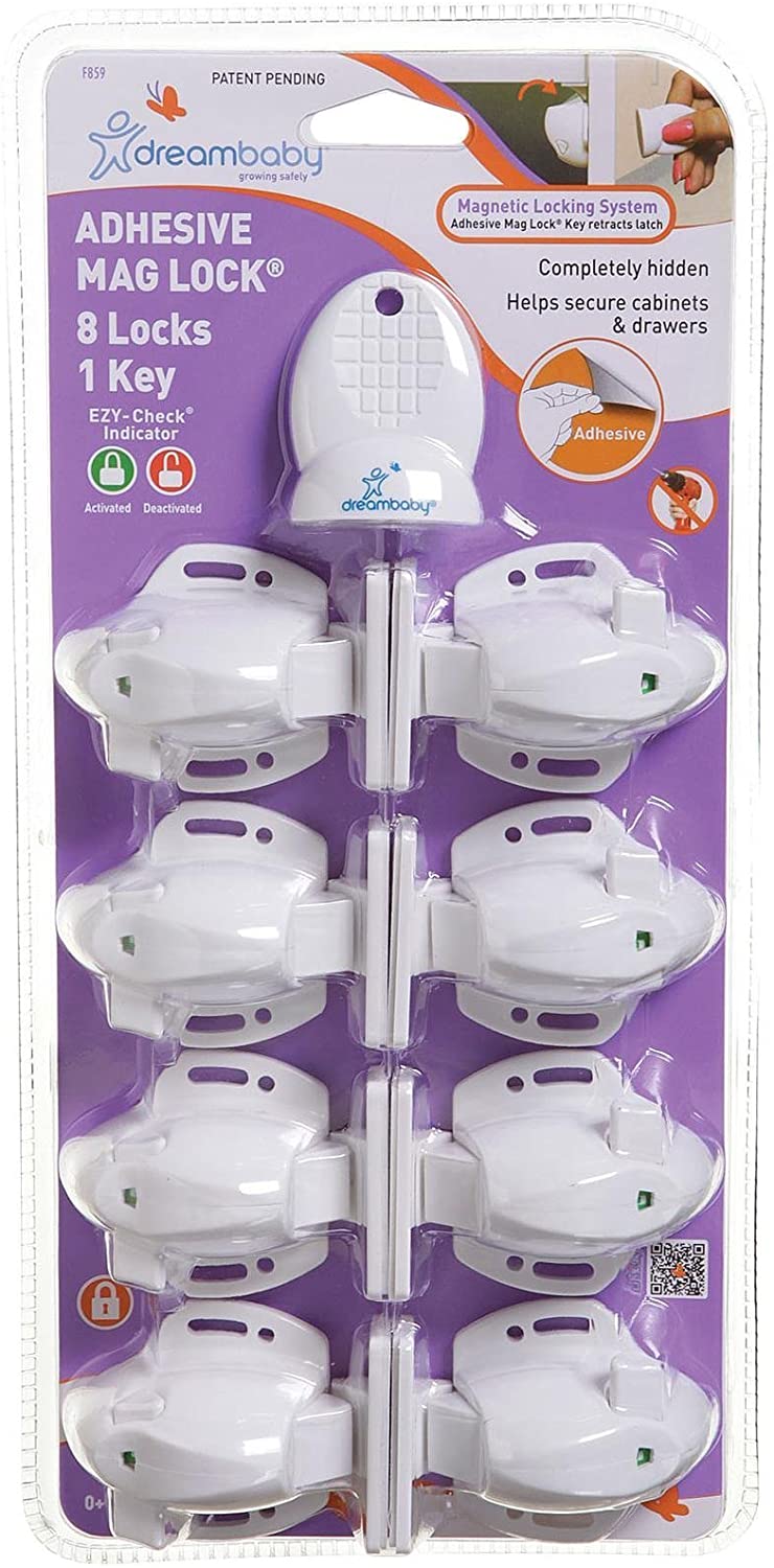 Dreambaby Adhesive Mag locks (8-Pack 1 Key) - Child Proofing Cabinet Magnetic Latches - White- Model