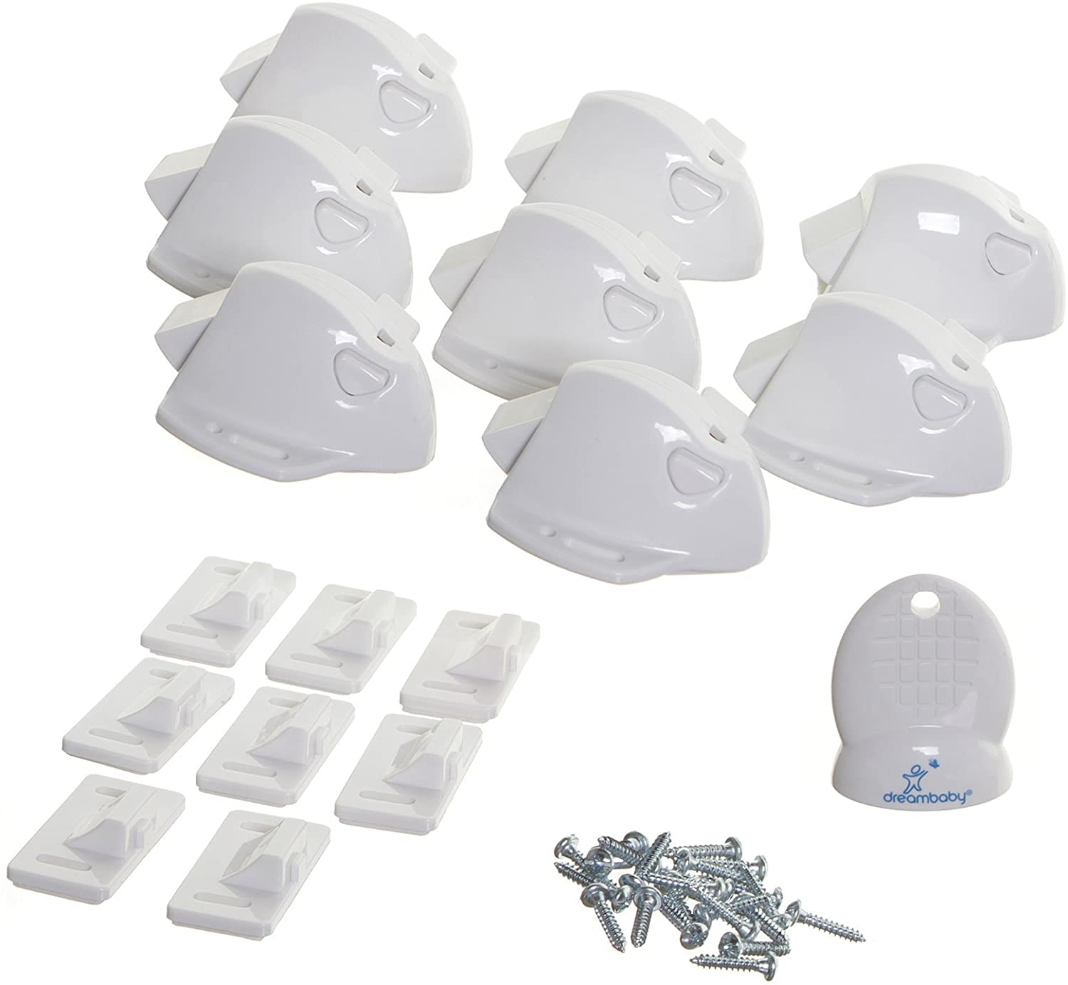 Dreambaby Adhesive Mag locks (8-Pack 1 Key) - Child Proofing Cabinet Magnetic Latches - White- Model