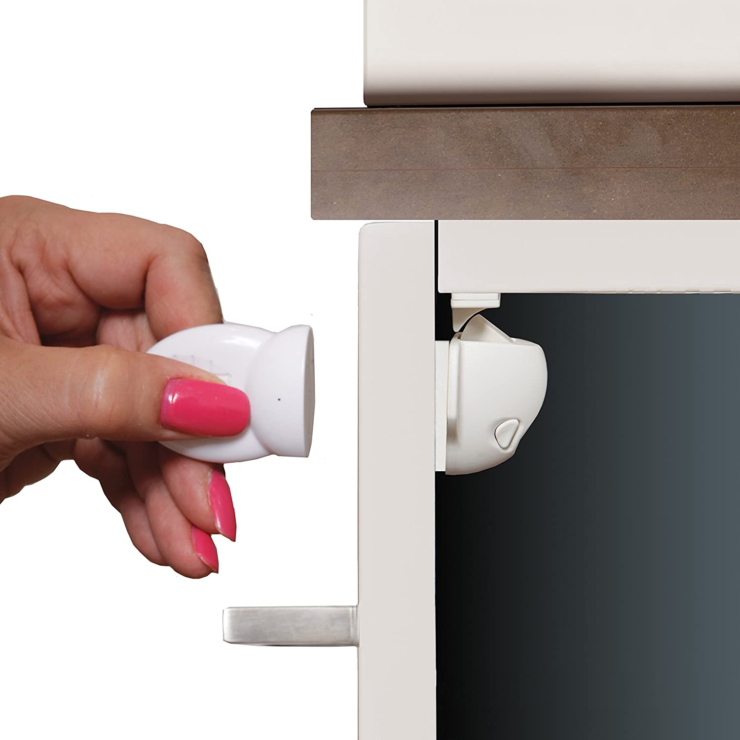 Dreambaby Adhesive Mag locks (8-Pack 1 Key) - Child Proofing Cabinet Magnetic Latches - White- Model