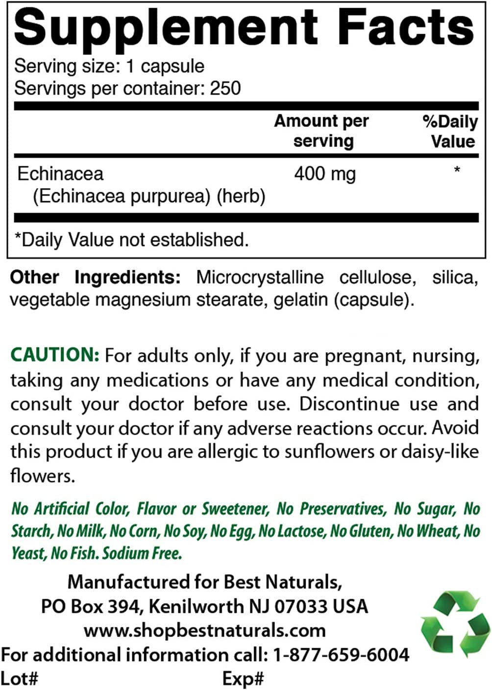 Best Naturals Echinacea 400 mg 250 Capsules