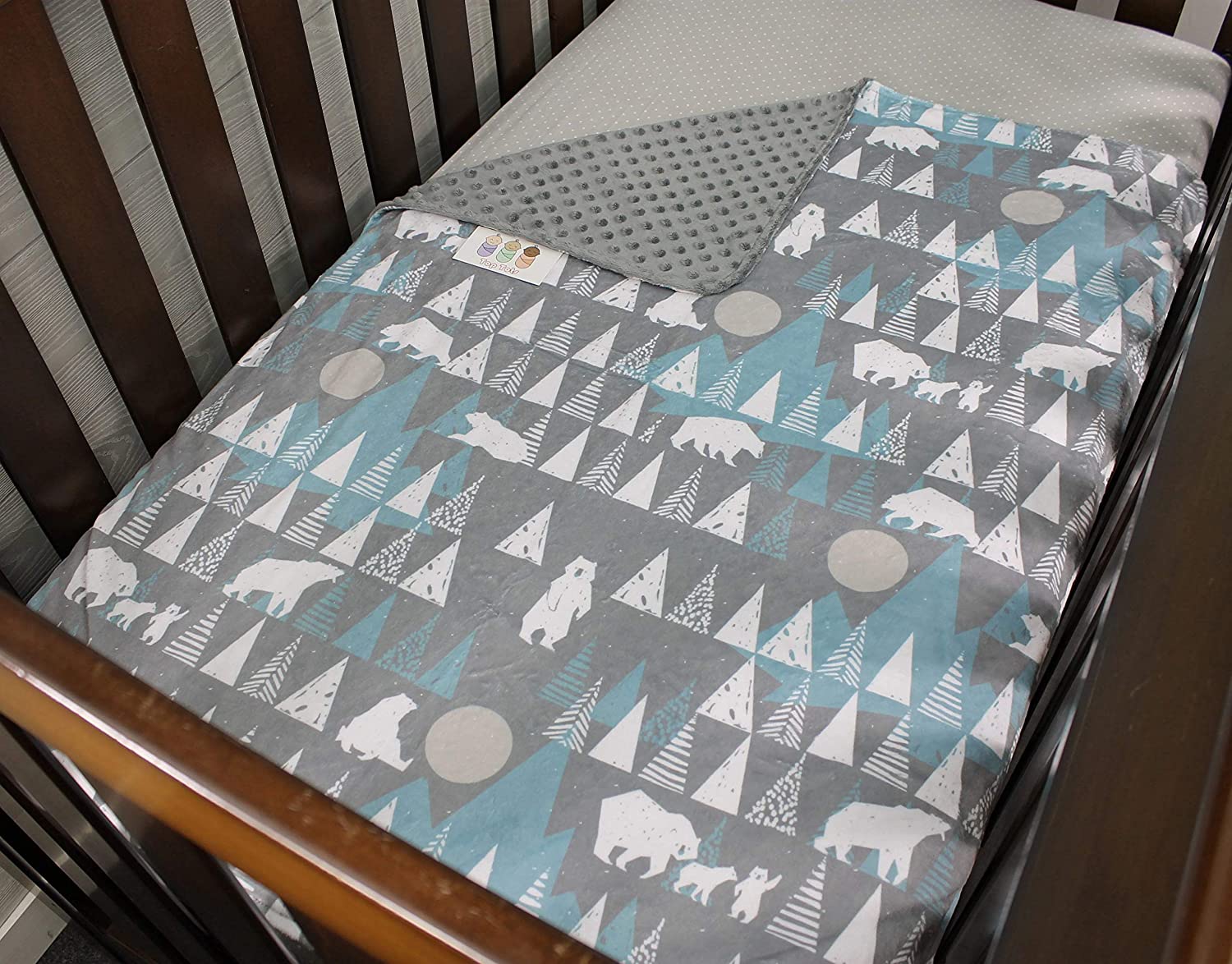 Top Tots Deluxe Baby Blanket - White Bear and Trees, Minky Dot, Grey