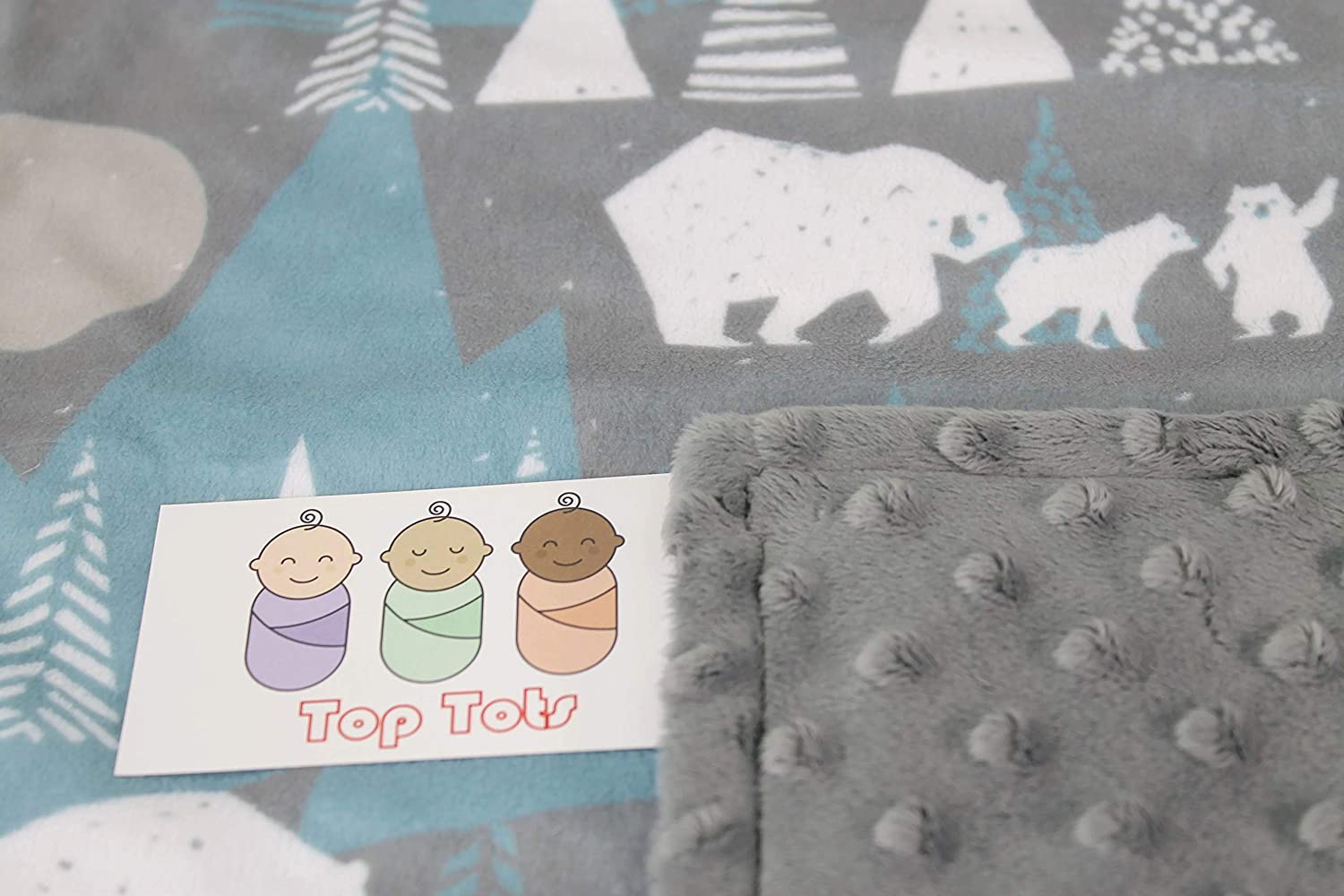 Top Tots Deluxe Baby Blanket - White Bear and Trees, Minky Dot, Grey