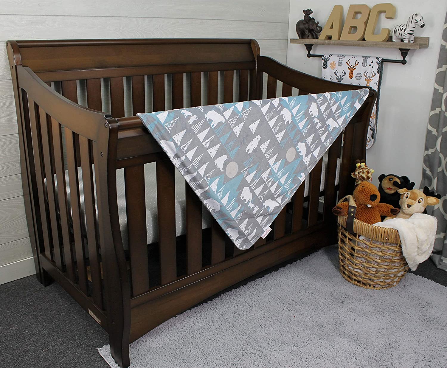 Top Tots Deluxe Baby Blanket - White Bear and Trees, Minky Dot, Grey