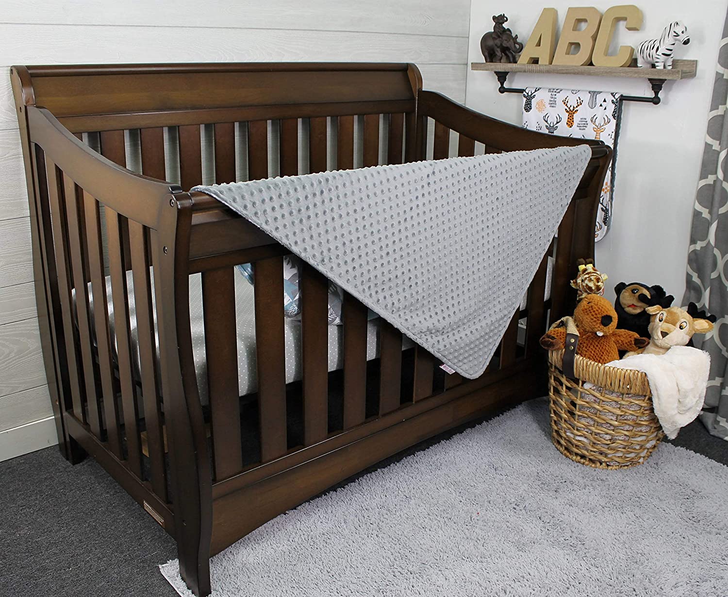 Top Tots Deluxe Baby Blanket - White Bear and Trees, Minky Dot, Grey