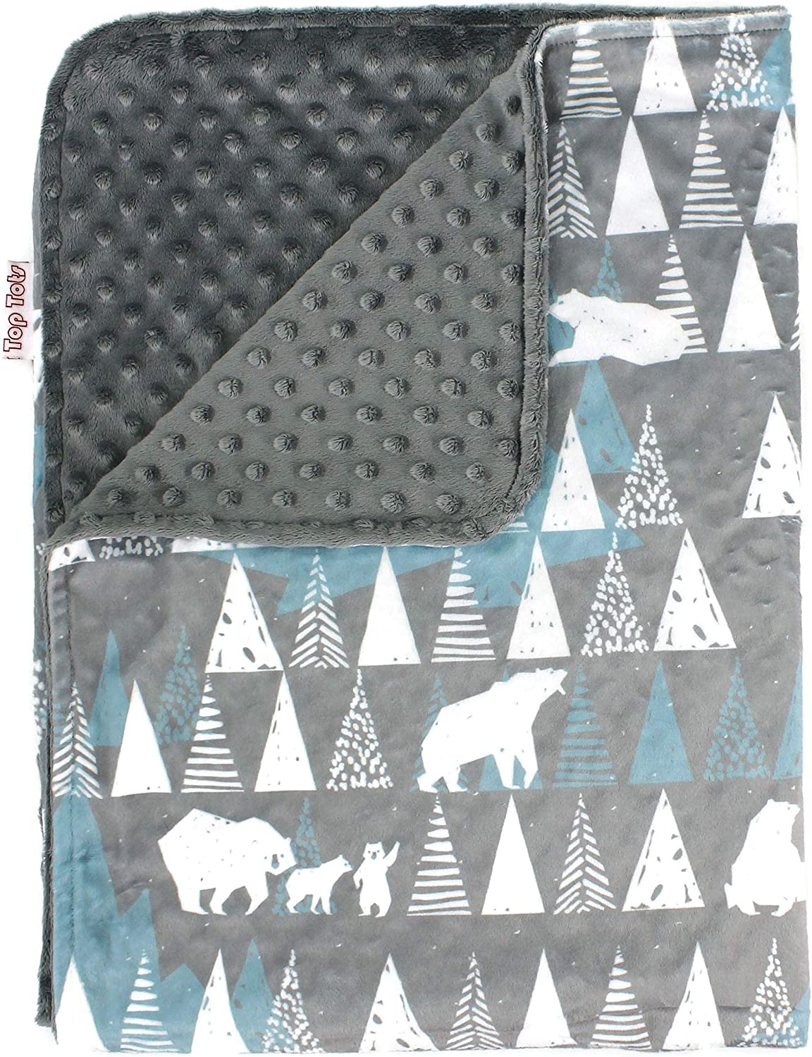 Top Tots Deluxe Baby Blanket - White Bear and Trees, Minky Dot, Grey
