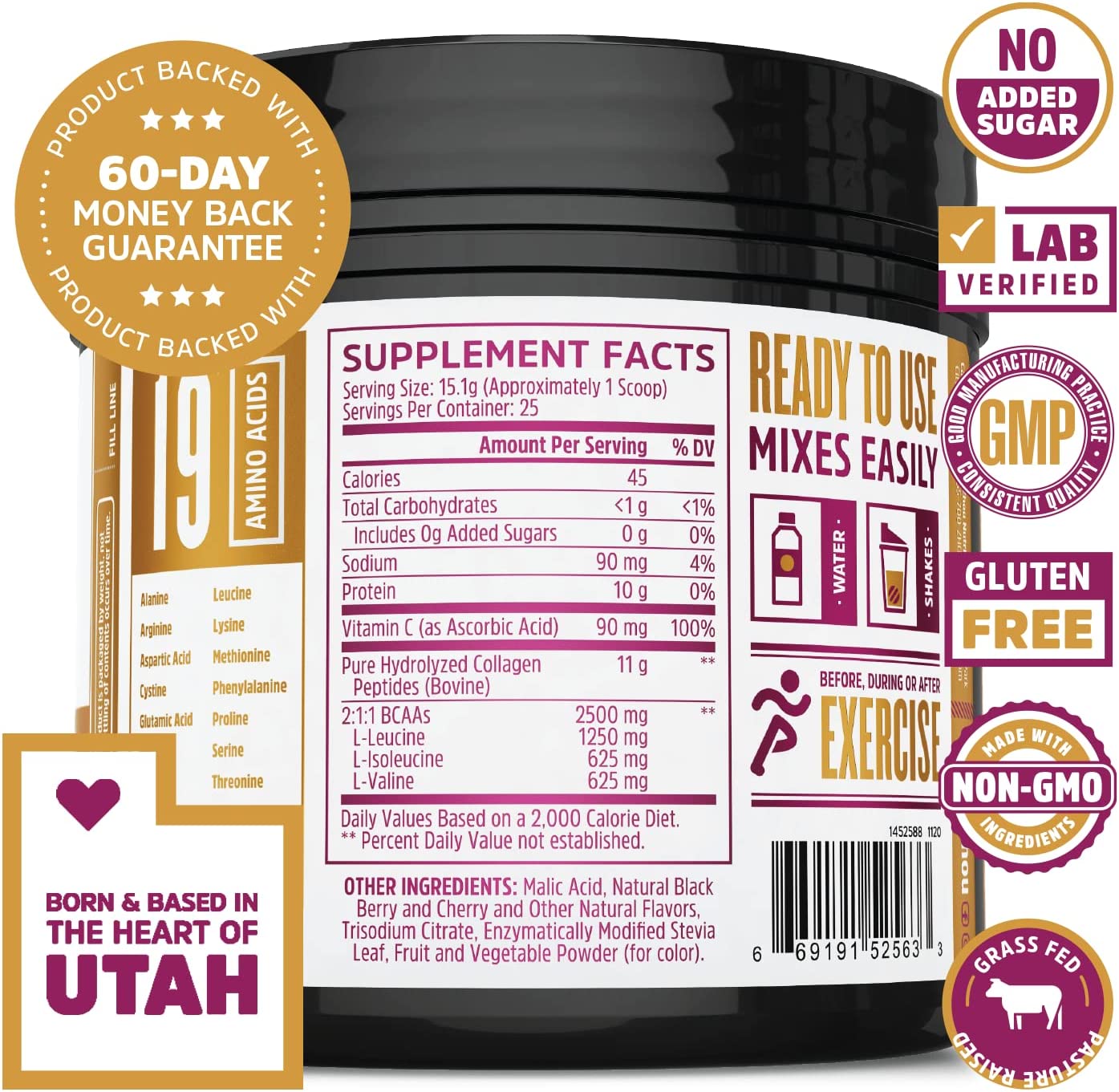 Zhou Collagen Active BCAAs & Vitamin C Black Berry Cherry 13.3 Ounce