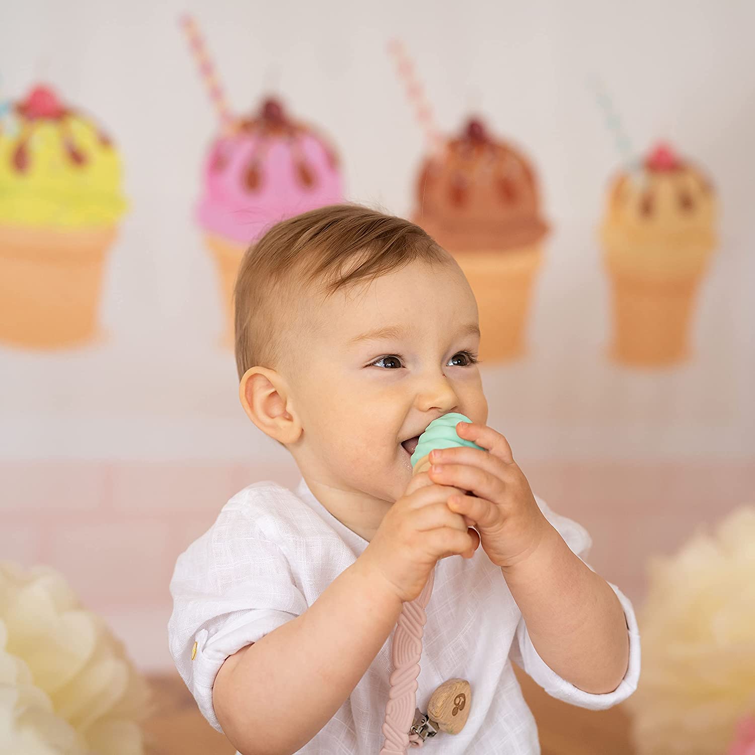 NatureBond Silicone Baby Teether - Cute Ice Cream Infant Teething Toy with Free Silicone Sling Pacif