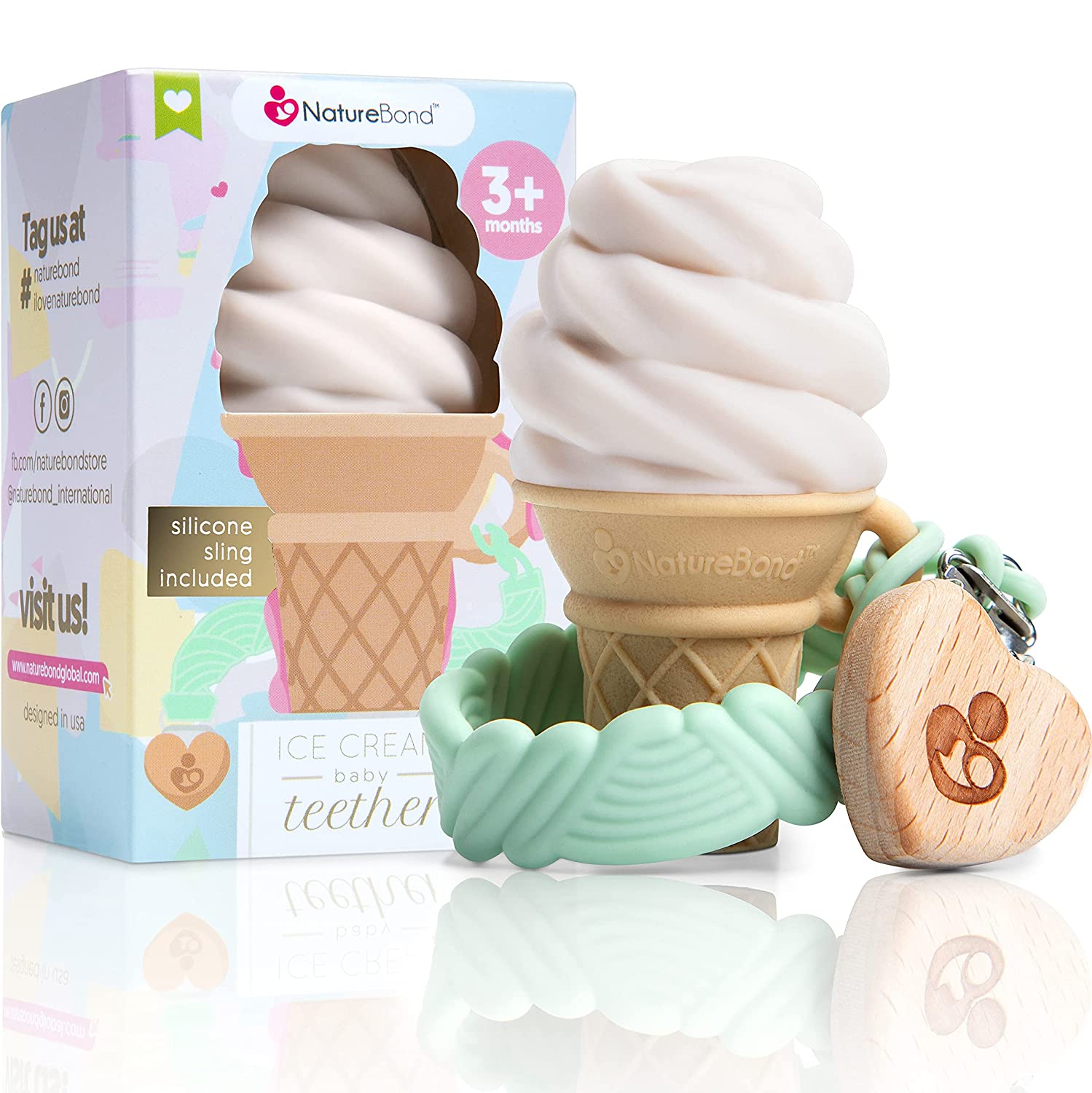 NatureBond Silicone Baby Teether - Cute Ice Cream Infant Teething Toy with Free Silicone Sling Pacif