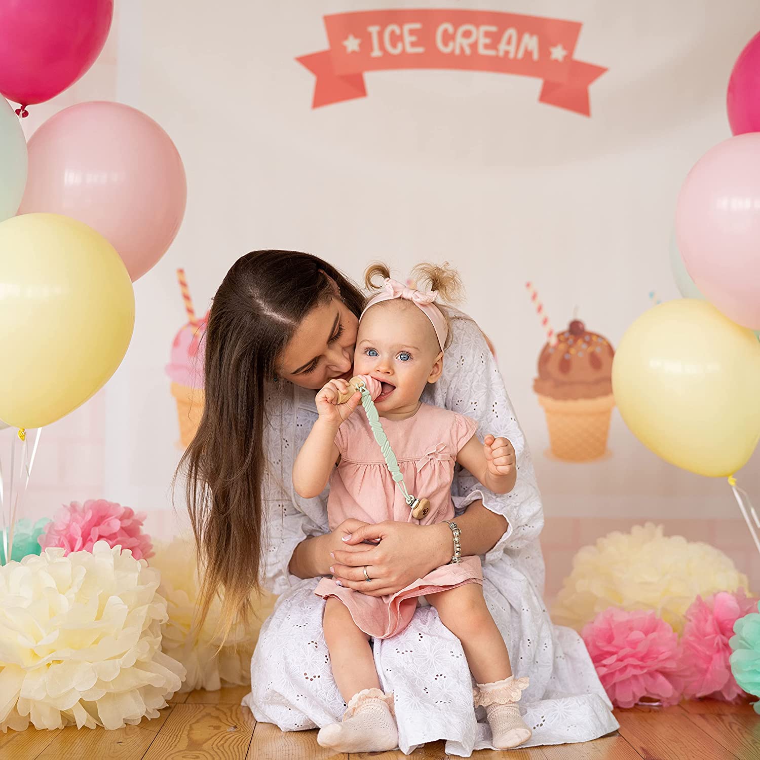 NatureBond Silicone Baby Teether - Cute Ice Cream Infant Teething Toy with Free Silicone Sling Pacif