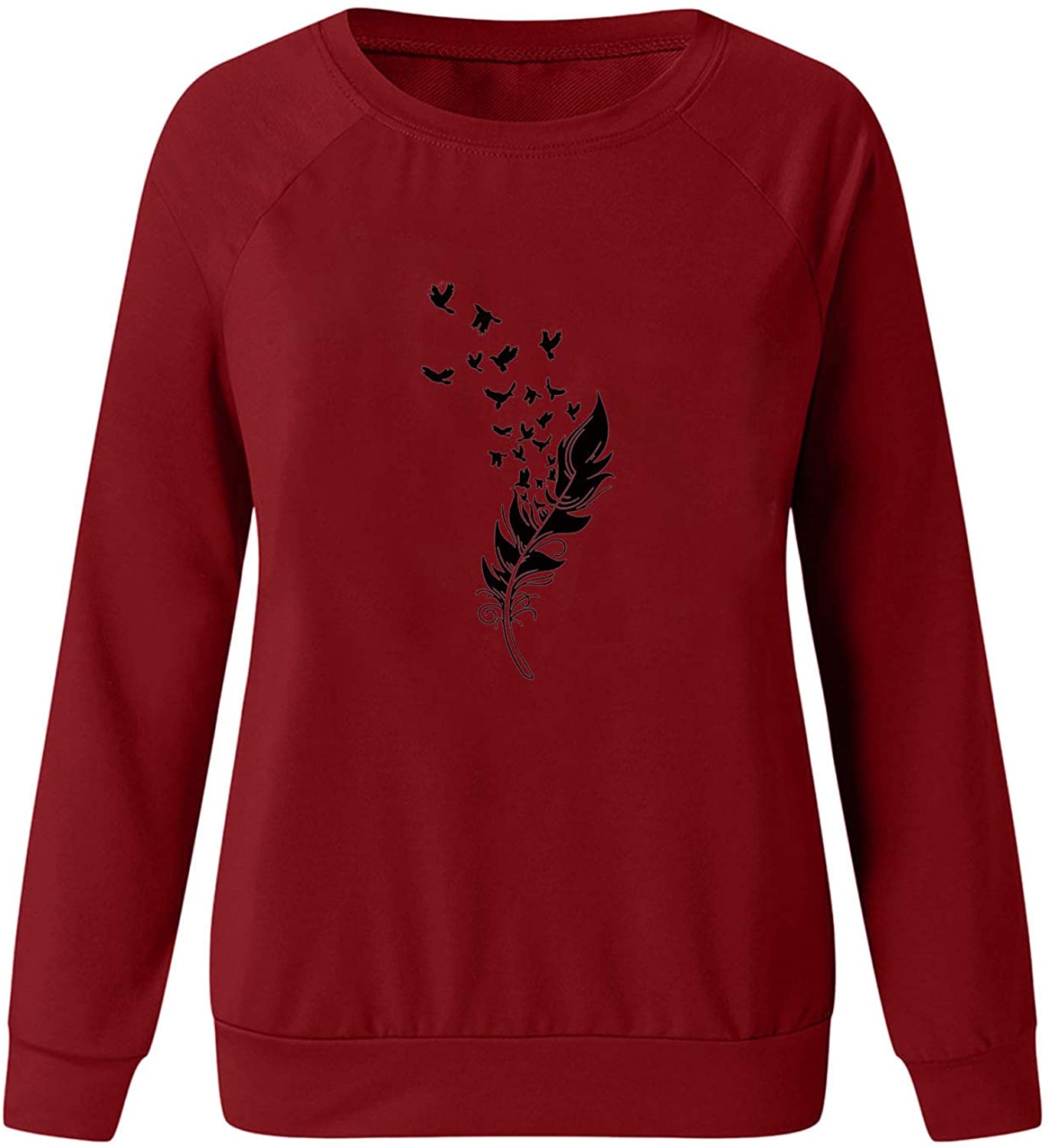 Sweatshirts for Women, Casual Long Sleeve Sweatshirts Feather Graphic Pullover Blouse Sweatshirts Pl