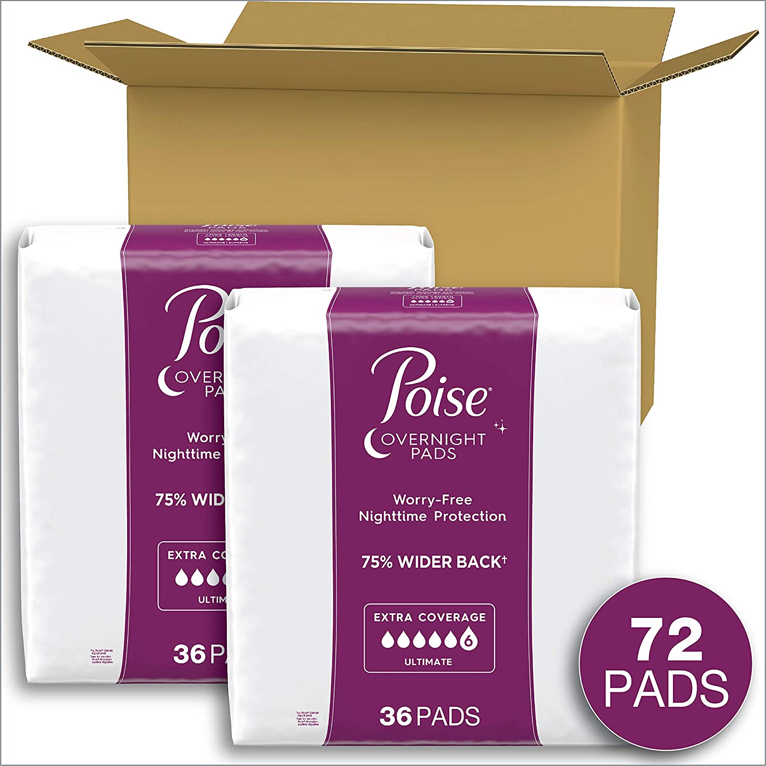 Poise Overnight Incontinence Pads for Women, Ultimate Absorbency, 72 Count (2 Packs of 36) (Packagin