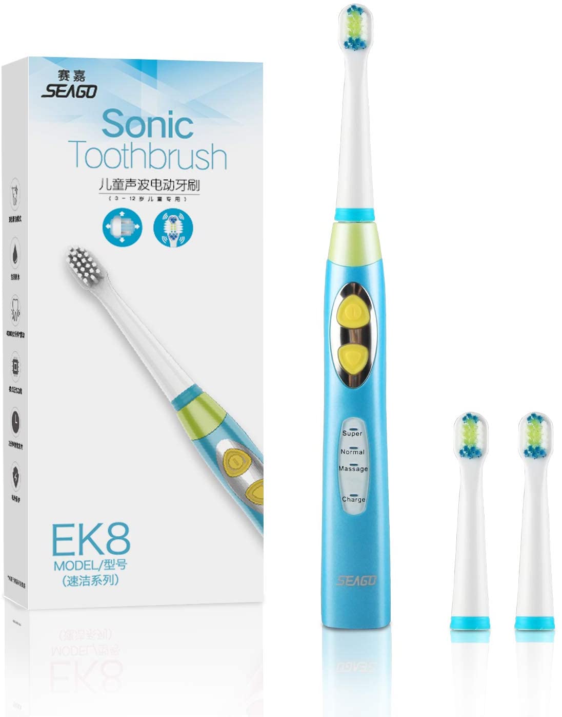 SEAGO Kids Sonic Electric Toothbrush, USB Rechargeable, 2-Min Timer , 3 Modes, IPX7 Waterproof, 40,0