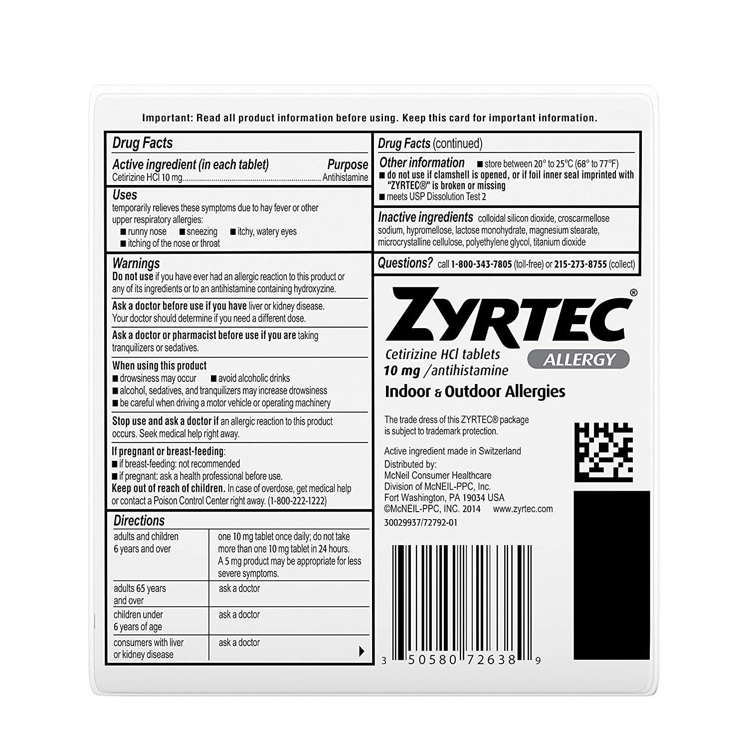 Zyrtec 24-Hour Allergy, 45 per Bottle